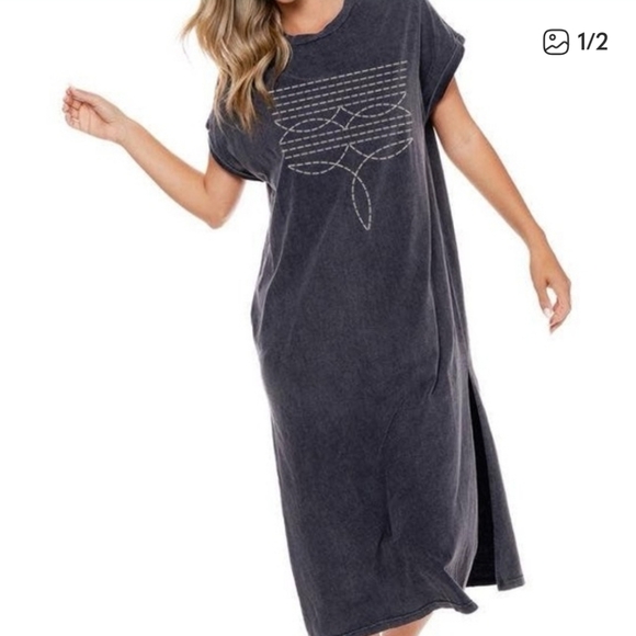 Zutter Cowboy Boot Stitch Graphic Dress Gray 100% Cotton Size M/L Western Dress - Picture 3 of 7